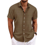 Men's Cotton Linen Stripe Print Loose Short Sleeve Lapel Shirt