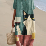 Women's Vintage Interesting Simple Drinking Cat Art Print Flowy Dress