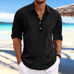 Men's Casual Solid Color Pullover Lapel Roll-Up Cotton and Linen Sleeve Long Sleeve Shirt