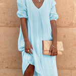 Cotton And Linen Solid Color Long Sleeve Casual Midi Dress