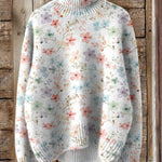Lovely Floral Art Print Knit Turtleneck Pullover Sweater