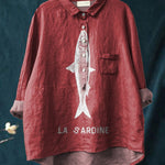 Sardine Fish Graphic Printed Women's Casual Cotton And Linen Shirt