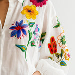 White Embroidered Cotton and Linen Long Sleeve Blouse