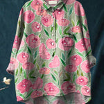Vintage Lovely Floral Art Print Casual Cotton And Linen Shirt