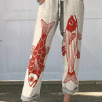 Women's Red Fish Vintage Art Printed 100%Cotton Casual Pants