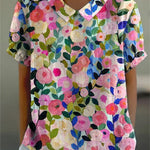 Colorful Spring Floral Garden Printed Women's Casual Cotton And Linen Shirt