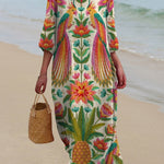 Women's Vintage Lovely Floral Birds Art Print Pocket Cotton Dress