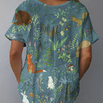 Women's Lovely Floral Animals Art Print Casual Cotton And Linen Shirt