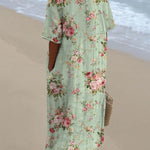 Women's Vintage Floral Art Print Pocket Linen Dress（Convertible Dress With Front And Back Option）