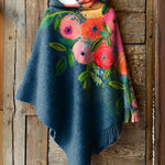 Women's Flower Art Print Casual Knitted Blanket Poncho Hood Cape