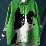 Vintage Funny Dog Art Print Casual Cotton And Linen Shirt