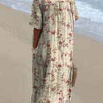 Women's Red Elegant Floral Print Pocket Linen Dress