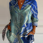 Women's Hand Painted Dark Blue Ocean Art Print Casual Cotton Shirt