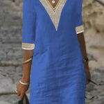 V-neck Mid-sleeved Cotton and Linen Casual Dress