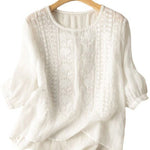 Women's Mid Sleeve Cotton And Linen Embroidery Blouse