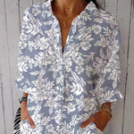 Women's Silhouette White Floral Print On Blue Print Casual Linen V-neck Shirt