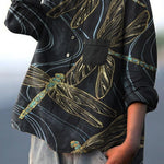 Line Drawing Dragonfly Decorative Pattern Casual Cotton And Linen Shirt