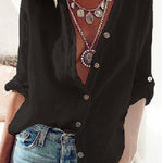 Women's Solid Color Loose Elegant V-neck Long-sleeved Cotton Shirt