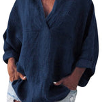 Women's Solid Color Cotton And Linen V-Neck Long Sleeve Blouse