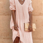 Cotton And Linen Solid Color Long Sleeve Casual Midi Dress