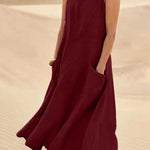 Women Sleeveless Sundress Elegant Round Neck Cotton Linen Solid Long Tank Casual Summer Dress