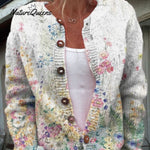 Watercolor French Rose Repeat Pattern Print Buttoned Cardigan Sweater