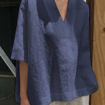Women's V-neck Cotton And Linen Solid Colour Loose Mid-Sleeve Shirt