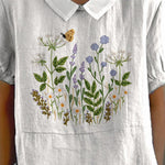 Embroidery Style Floral Bush Pattern Printed Women's Casual Cotton And Linen Shirt