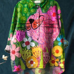 Lovely Cat In Summer Garden Art Printed Women's Casual Cotton And Linen Shirt