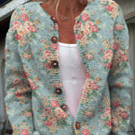 Romantic French Rose Pattern Printed Buttoned Cardigan Sweater