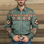 Men's Western Denim Print Lapel Long Sleeve Shirt