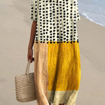 Women's Yellow Color-blocked Dots Watercolor Splash Fluid Art Print Flowy Dress