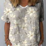 White Magnolia Blossom Repeat Pattern Printed Women’s Casual Cotton And Linen Shirt
