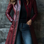 Women's Retro Contrast Color Stand Collar Leather Coat