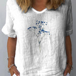 Simple Style Blue Gypsophila Floral Printed Women's Casual Cotton And Linen Shirt