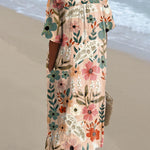 Women's Orange Floral Print Pocket Linen Dress