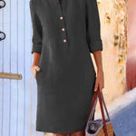 Spring Cotton And Linen Round Neck Long Sleeve Dress