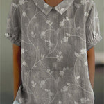 Women's Vintage Floral Art Print Casual Cotton And Linen Shirt