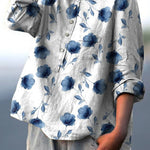 Women's Cute Little Blue Flower Print Casual Cotton And Linen Shirt
