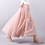 Women's Cotton Linen Skirt Casual Elastic High Waist Pleated A-Line Beach Skirts
