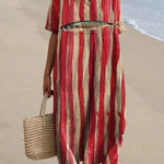 Women's Red Striped Sardines Watercolor Splash Fluid Art Print Flowy Dress
