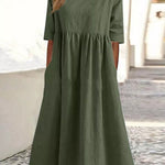 5-quarter Sleeve Casual Loose Solid Color Cotton and Linen Dress