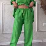 Casual solid color cotton and linen pants two-piece set