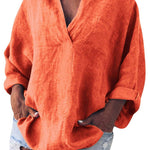 Women's Solid Color Cotton And Linen V-Neck Long Sleeve Blouse