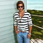 Men's Casual Striped Henley Collar Cotton Blend Long Sleeve T-Shirt