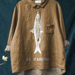 Sardine Fish Graphic Printed Women's Casual Cotton And Linen Shirt