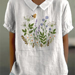 Embroidery Style Floral Bush Pattern Printed Women's Casual Cotton And Linen Shirt