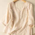 Embroidery Cotton And Linen Mid Sleeve Blouse