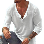 Men's Casual Breathable Cotton Linen U Neck Long-Sleeved T-Shirt