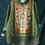 Women's Vintage Ethnic Floral Art Print Casual Cotton And Linen Shirt